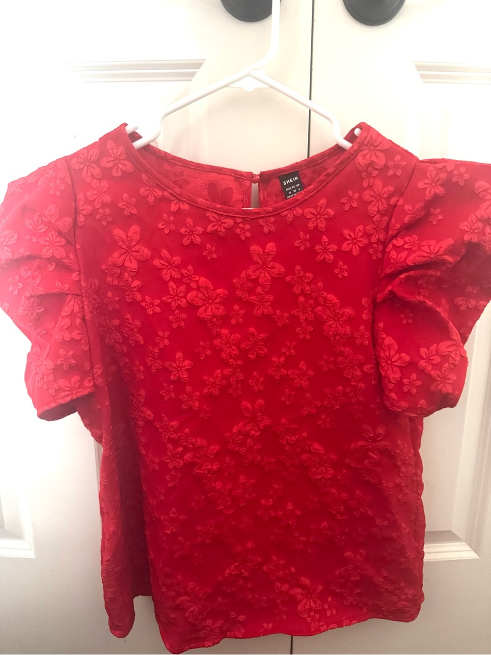 SHEIN Red Floral Textured Puff-Sleeve Blouse Medium size 6